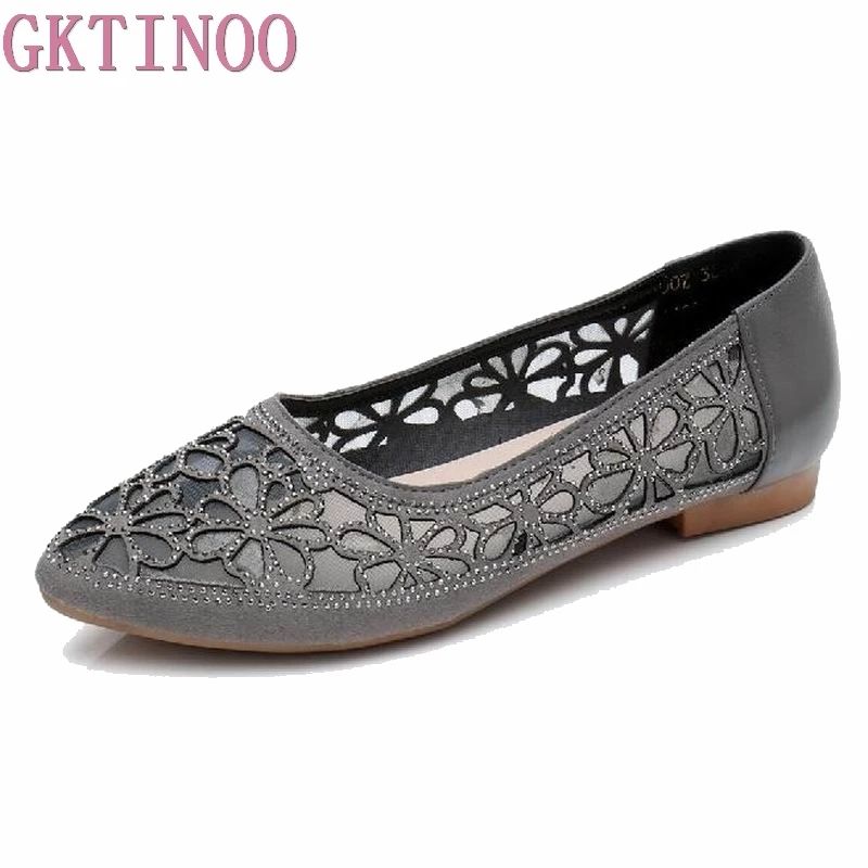 

GKTINOO Spring Summer Shoes Women Flats Genuine Leather Rhinestone Pointed Toes Hollow Out Comfort Ladies Sandals Flat Shoes