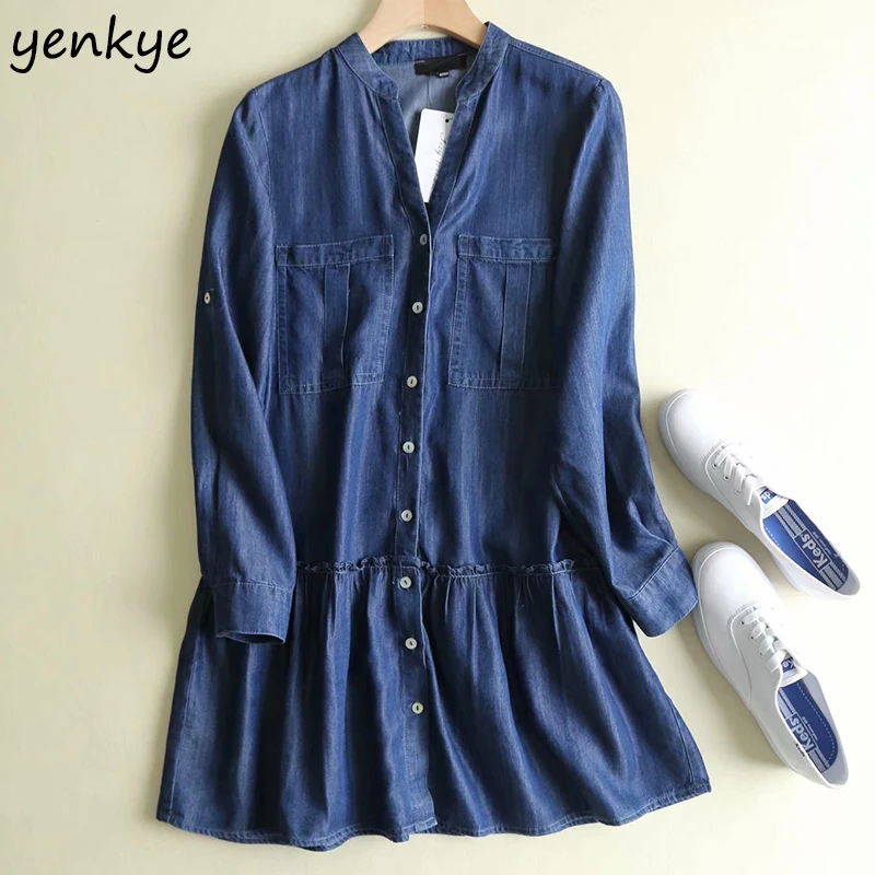 

Summer Dress 2019 Women Vintage Blue Denim Dress Lady V Neck Roll-up Long Sleeve Pockets Casual Dress Short vestidos mujer