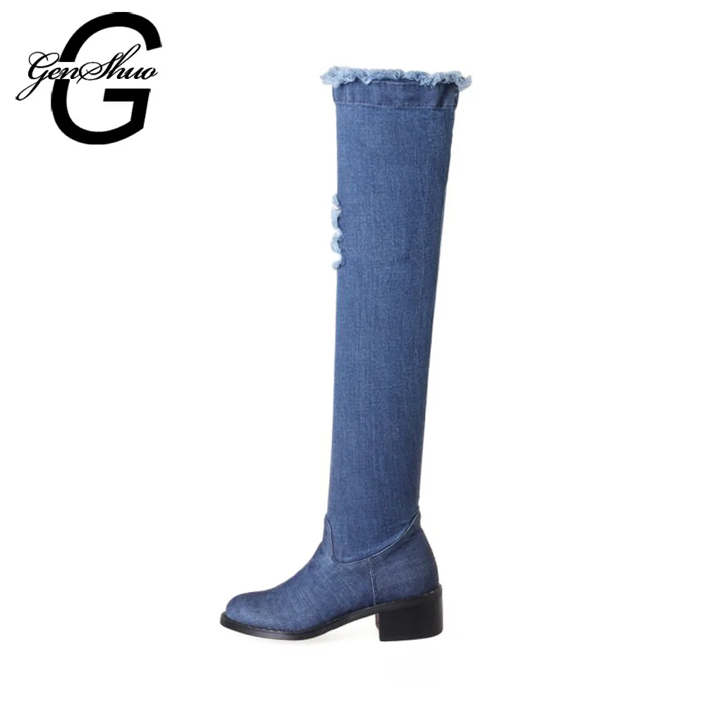 

GENSHUO 2018 New Fashion Spring Autumn Denim Women Over The Knee Boots Comfortable Thigh High Boots Sexy Women Shoes High Heels