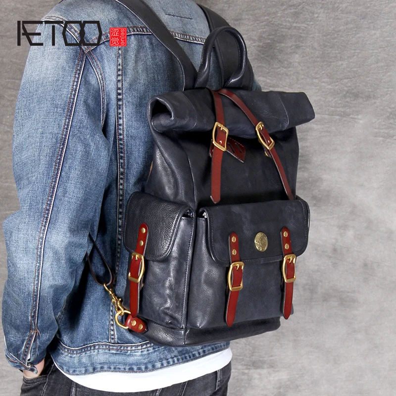 

BJYL Head-layer cowhide shoulder bag handmade retro leather male and female backpack