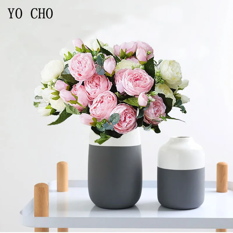 5 Heads/Bouquet Roses Artificial Flowers Fake Silk Peonies Bouquet Pink White Wedding Home Decoration Living room Centerpieces
