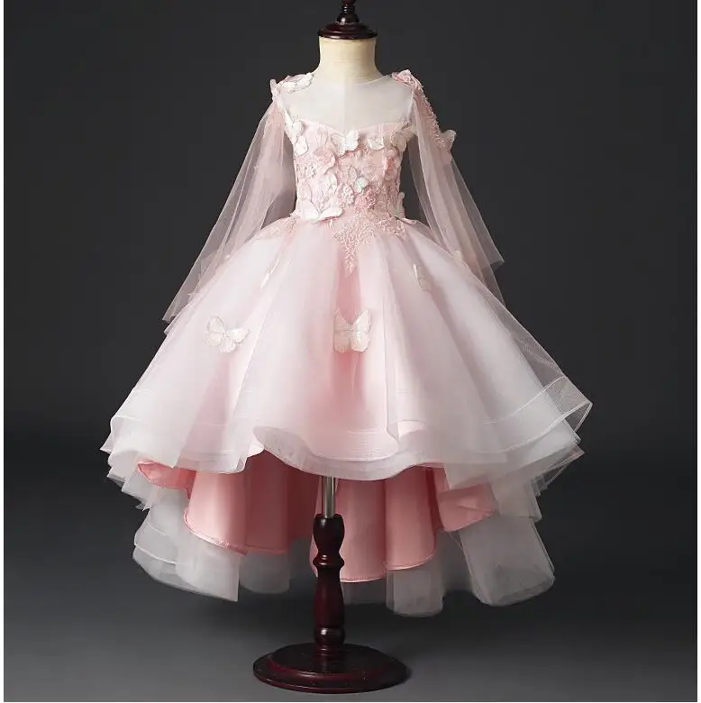 Розовое Тюлевое свадебное платье с украшением в виде бабочки для девочек детское торжественное вечернее платье для девочек, праздничное платье принцессы на день рождения