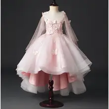 Розовое Тюлевое свадебное платье с украшением в виде бабочки для девочек детское торжественное вечернее платье для девочек, праздничное платье принцессы на день рождения