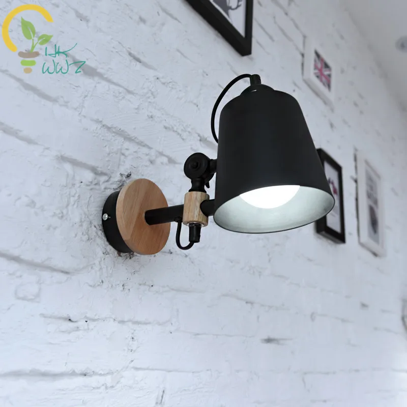 Nordic Белый Черный светодиодный настенный светильник для Гостиная E27 Настенные светильники для спальни из металла с изображением деревянной стены Бра светодиодный прикроватные настольные лампы для домашнего освещения