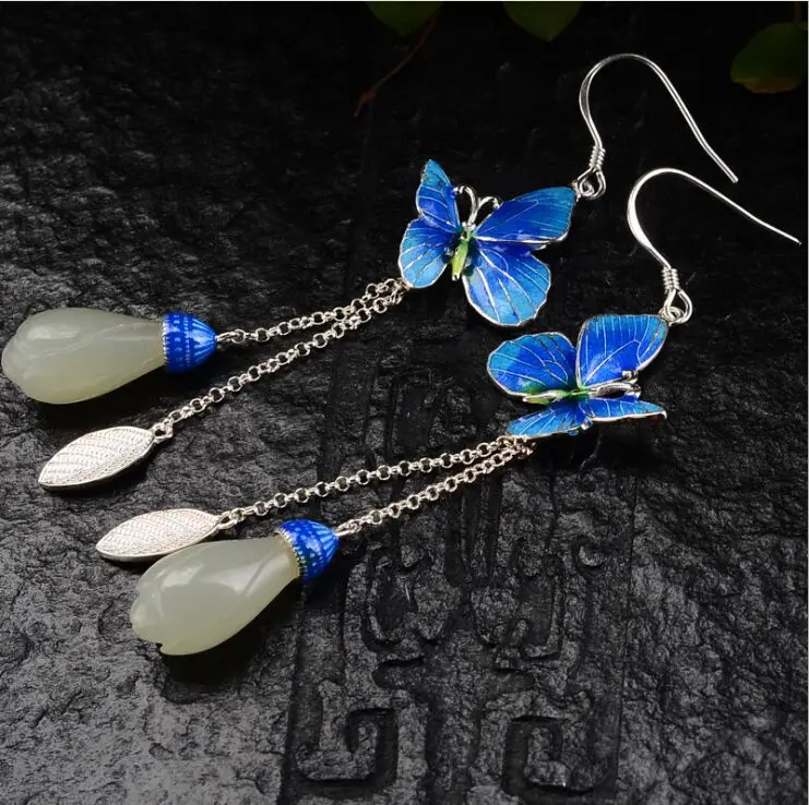 

S925 Silver Burning Blue Earrings Thai Silver Vintage Fashion Cloisonne Goldfish Pearl Women Earrings