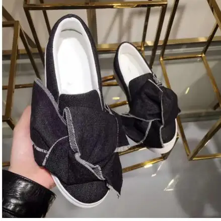 

2017 newest denim butterfly-knot woman shoes round toe big bowtie flat shoes slip-on casual shoes flat platform loafers