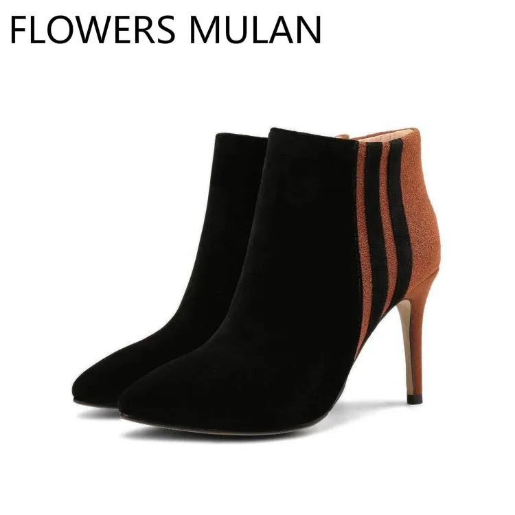 Mixte Glissière Femmes Piste Chaussons Brown Cheville Bout Latérale Dames Hauts Chaussures Femme Bottes Pointu Suede Talons Noir Pour D'hiver Couleur wZiuOTPkX