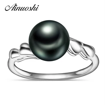 

AINUOSHI AAAA Tahitian Cultured Pearl Ring 10mm Round Peacock Green Tahitian Pearl Jewelry 925 Sterling Silver Women Rings Gift
