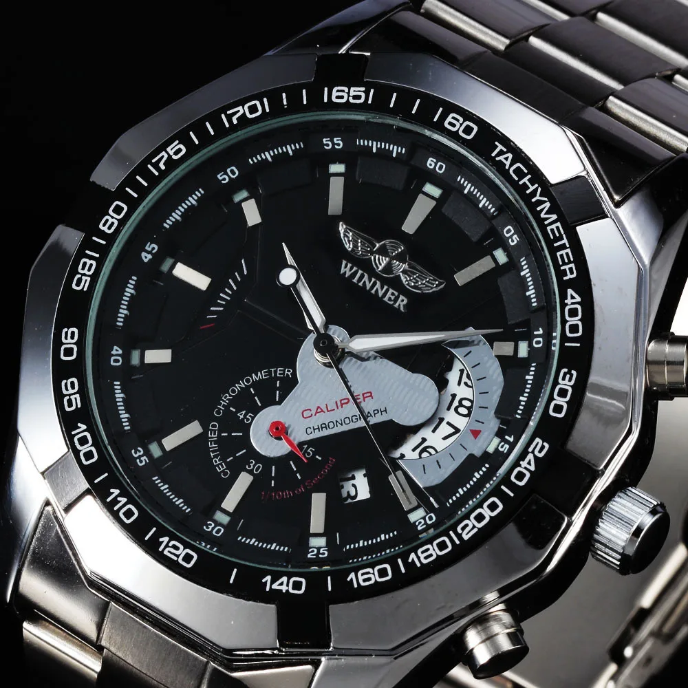 2016 WINNER Top Fashion Brand Automatic Mechanical Men Dress Steel Watches Tachymeter Auto Date Full Steel