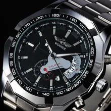 2016 WINNER Top Fashion Brand Automatic Mechanical Men Dress Steel Watches Tachymeter Auto Date Full Steel