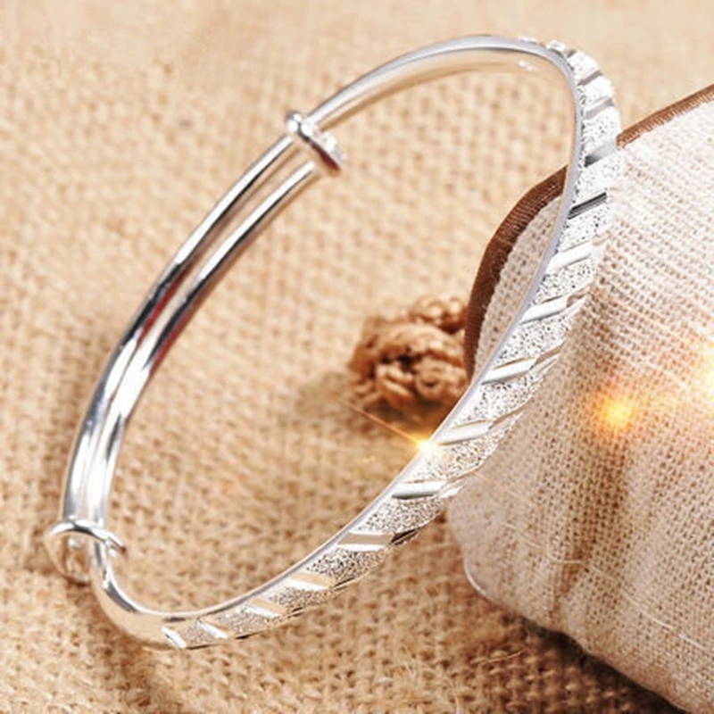 Silver Color Plated Flat Round Bangle Bracelets For Women Adjustable