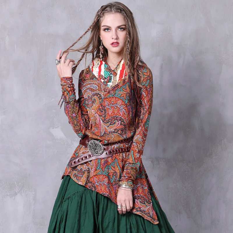boho print knot front blouse