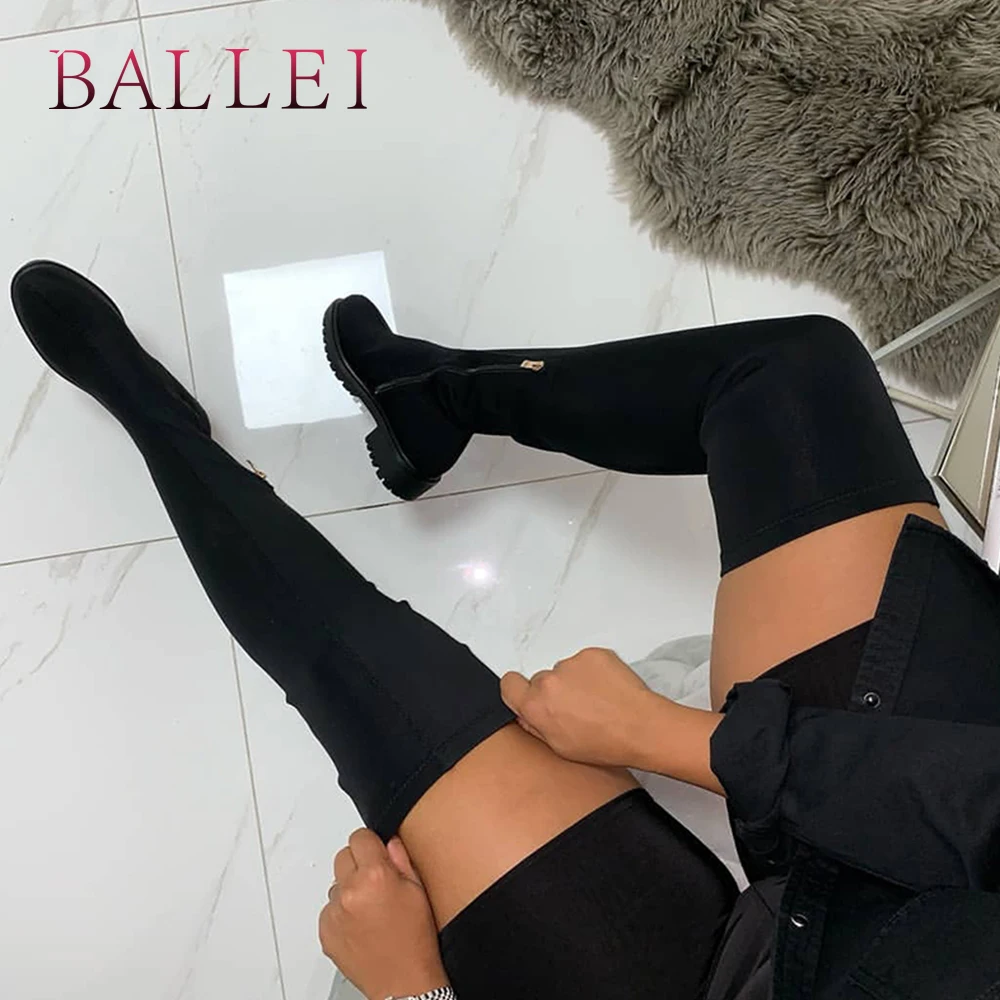 

BALLEI handmade Woman Winter Over-the-knee Boot High Quality Suede Flock Retro Round Toe Shoes Classic Soft Square Heel Boot H28
