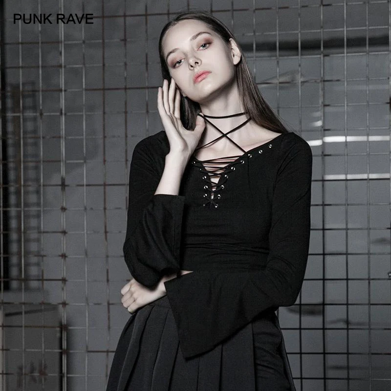 

PUNK RAVE Women's Gothic Front Lace-up Tops with Flare Sleeves Punk Rock Style Black Long Sleeve T-shirt