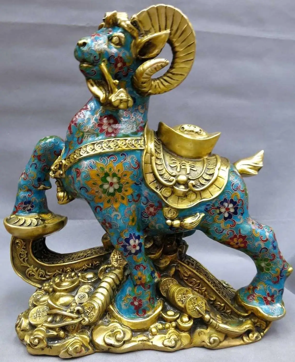

15" China bronze gild Cloisonne sculpture carved Yuan Bao lucky sheep Statue