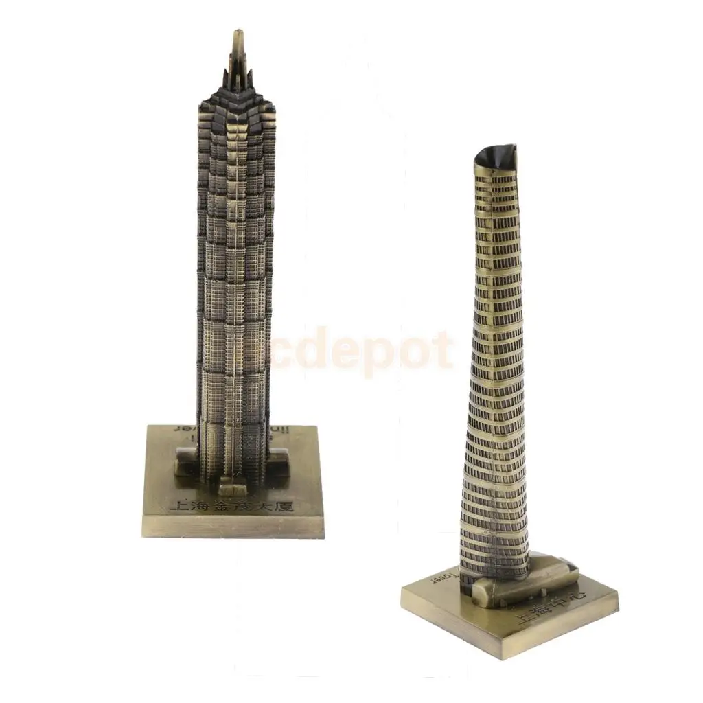 2pcs Vintage Metal Jin Mao Tower Statue and Shanghai Tower Building Statue Figurine Travel Souvenirs Art Crafts