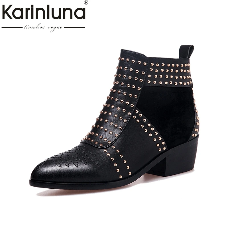 

KARINLUNA Large Size 33-43 Genuine Leather Black Rivets Women Shoes Woman Fashion Square Heels Boots Chelsea Bottine