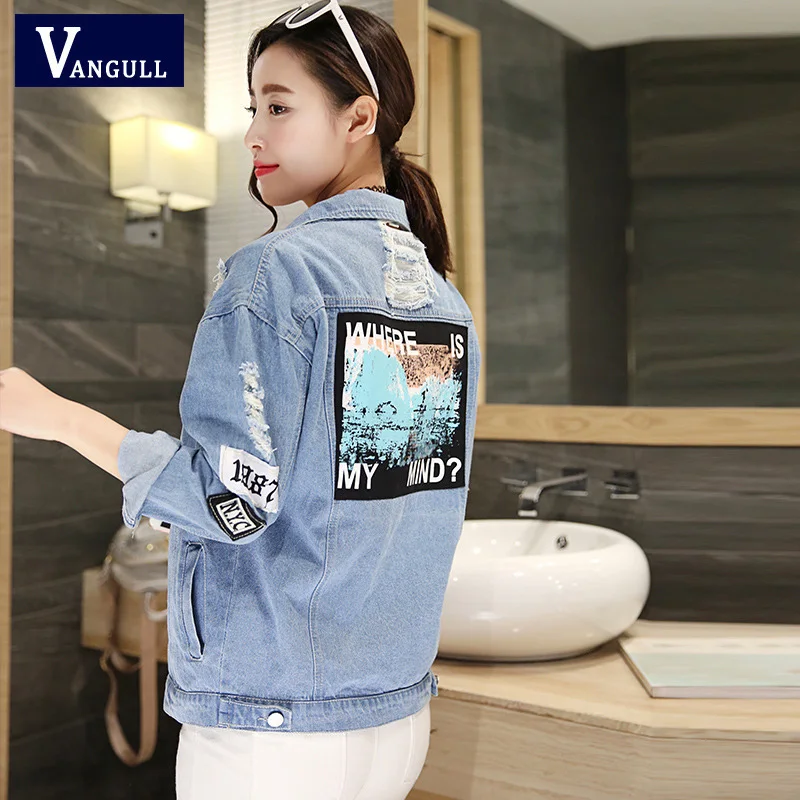 

Vangull Where Is My Mind Women Print Bomber Jacket 2019 Spring Autumn Denim Jacket Jeans Coats and Jackets Women Casual Outwear
