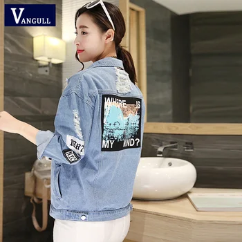 

Vangull Where Is My Mind Women Print Bomber Jacket 2019 Spring Autumn Denim Jacket Jeans Coats and Jackets Women Casual Outwear
