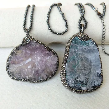 

2Strands Hematite Chains necklace Quartz geode Crystal Pendant Rhinestone Paved Gem stone Druzy Charm women Jewelry necklace 283