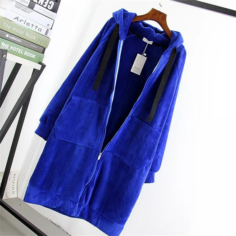 

Autumn Winter Women Velvet Thicken Coat Hooded Solid Long Jacket With Pocket Casual Loose Slim Full Sleeve Long Coat Vestido