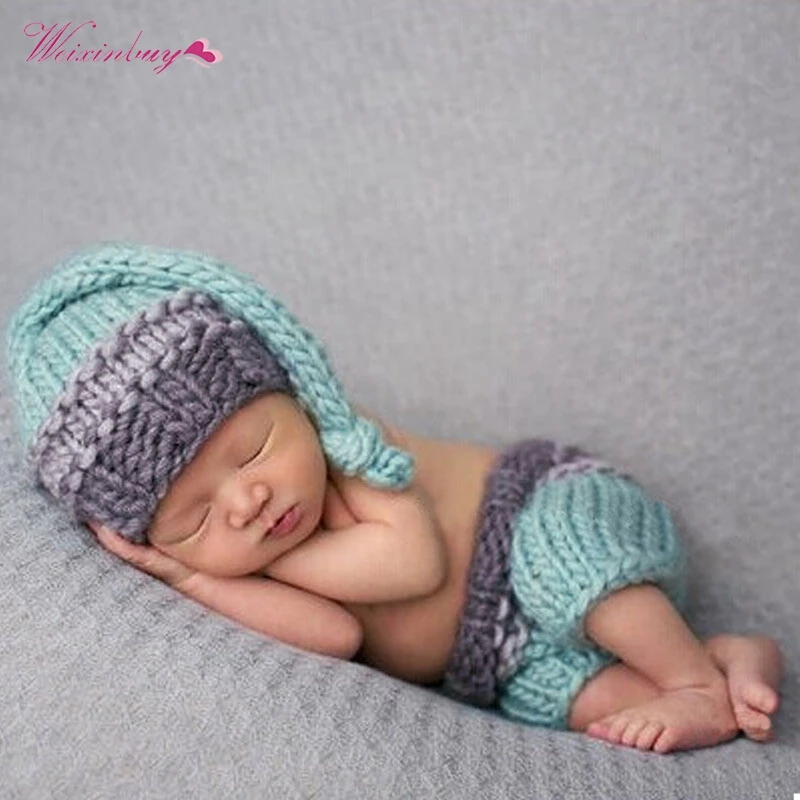 

2 Pcs Infant Photo Props Newborn Baby Girls Boys Crochet Knit Costume Photo Photography Prop Pants and Hat 0-3M