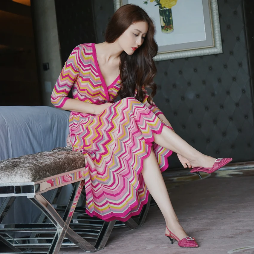 

Celebrity style autumn women's sexy v-neck striped knitted dress elegant half sleeve temperament slim long red dress
