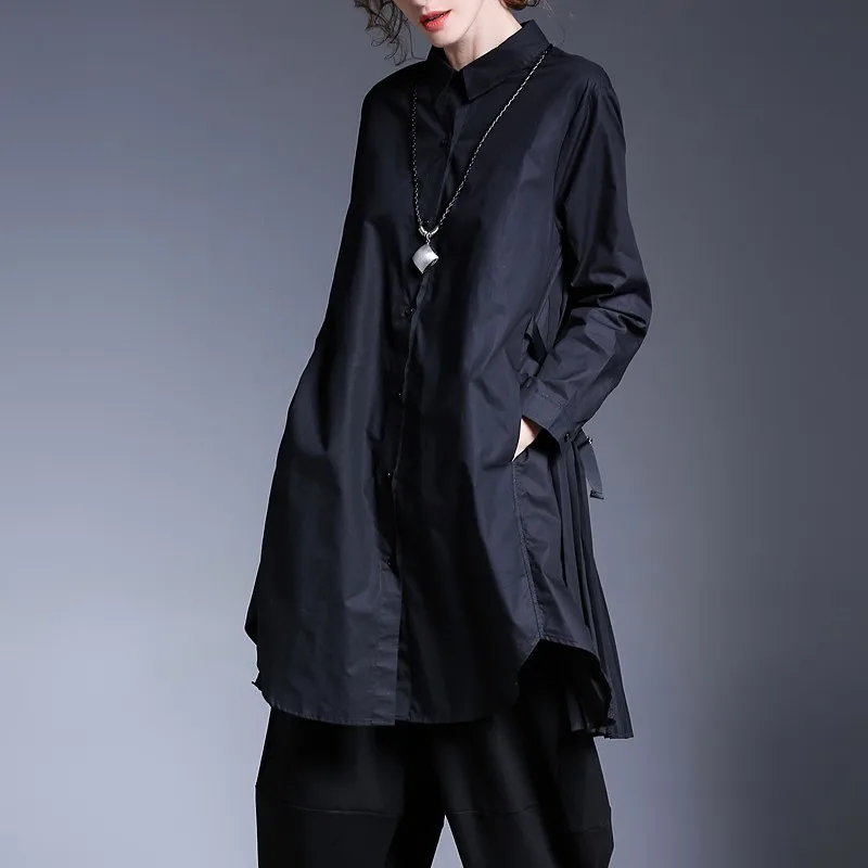 [EAM] Новинка, осенняя длинная рубашка с отворотом, однотонная, черная, плиссированная, с разрезом, необычная, большой размер, блузка, женская мода, JD328