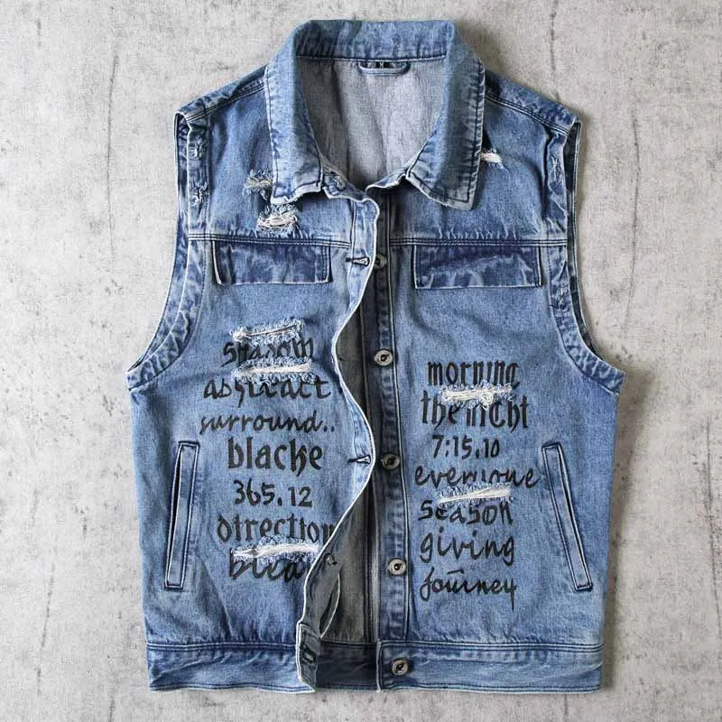 Mcikkny Men's Fashion Ripped Sleeves Jeans Jackets Washed Pleated Letter Printed Denim Vest Male Jean Waistcoat (1)