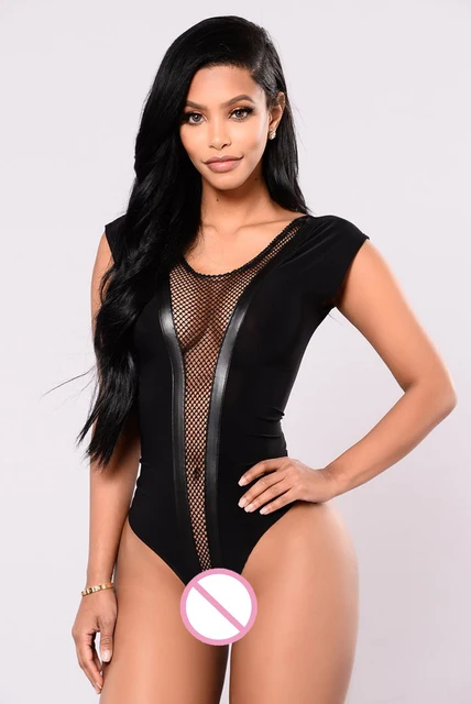 Black Sexy Women Bodysuit Front V Shape Fishnet Leotard