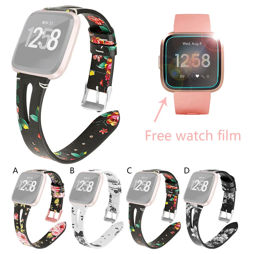 

for smart watch Floral Print Leather Wrist Watch Strap Band + Watch Film For Fitbit versa Lite wearable devices