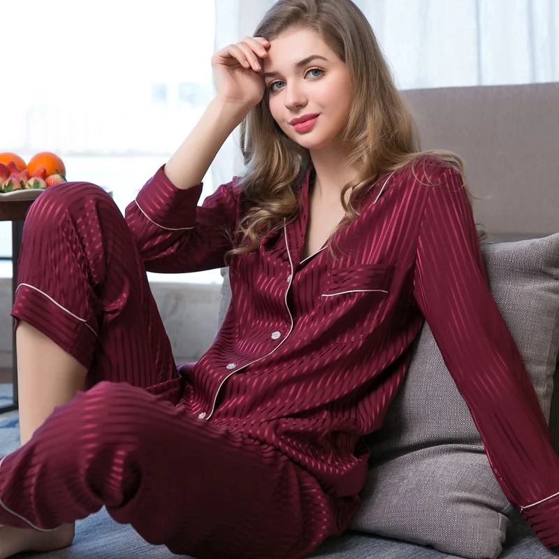 Парные Пижамы весна и осень новые сексуальные шелковые пижамы с длинными рукавами большой размер парные пижамы набор - Цвет: Women   Red Wine