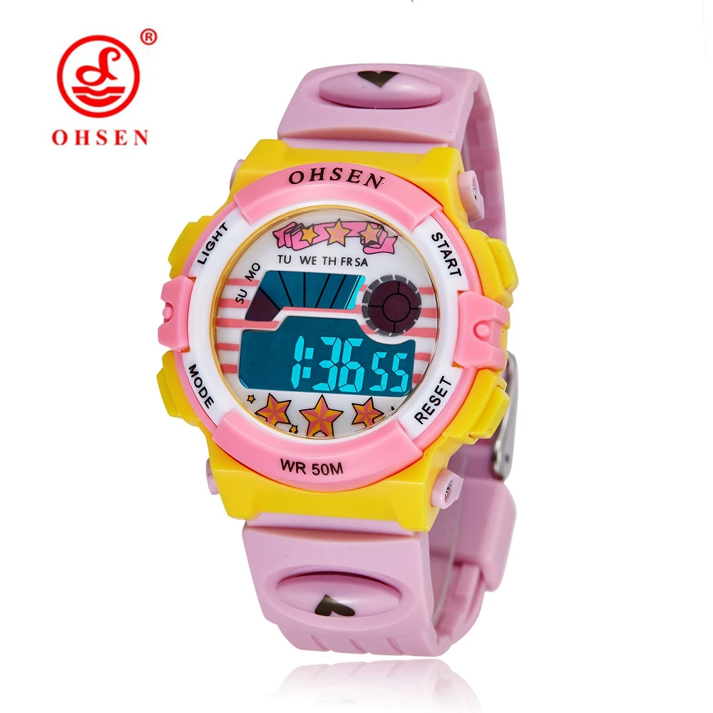 

2016 OHSEN Brand Digital Pink Girl Kids Sport Wristwatch Pink Silicone Strap 50M Waterproof LCD Alarm Boys Children Watches Gift
