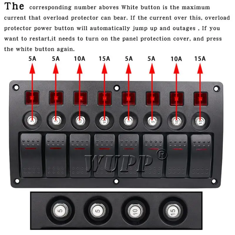 WUPP 8 банд переключатель панели автомобиля Стайлинг водонепроницаемый 12 в авто лодка морской Красный светодиодный кулисный переключатель панели автоматические выключатели с предохранителем