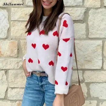 

Sweetheart Pattern Pullover 2019 New Fashion Knitted Sweater Autumn Sweater Women Long Sleeve Pull Femme Sueter Mujer Invierno