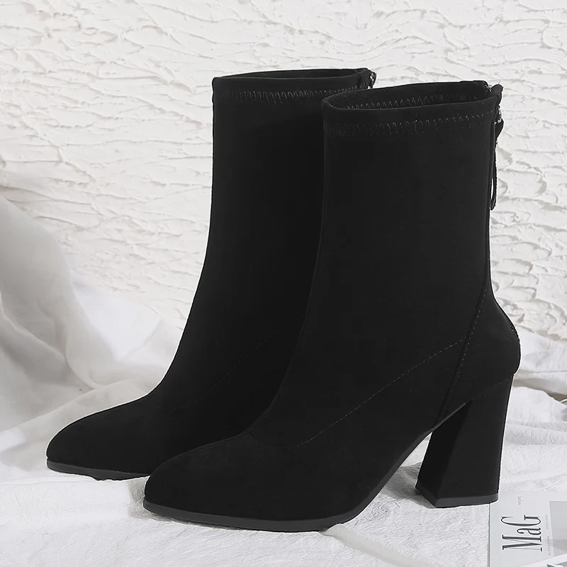 

Plus Size 33-43 Winter Women Ankle Boots 8.5cm High Heels Casual Thick Block Heels Plush Snow Shoes Lady Brown Chunky Zip Boots