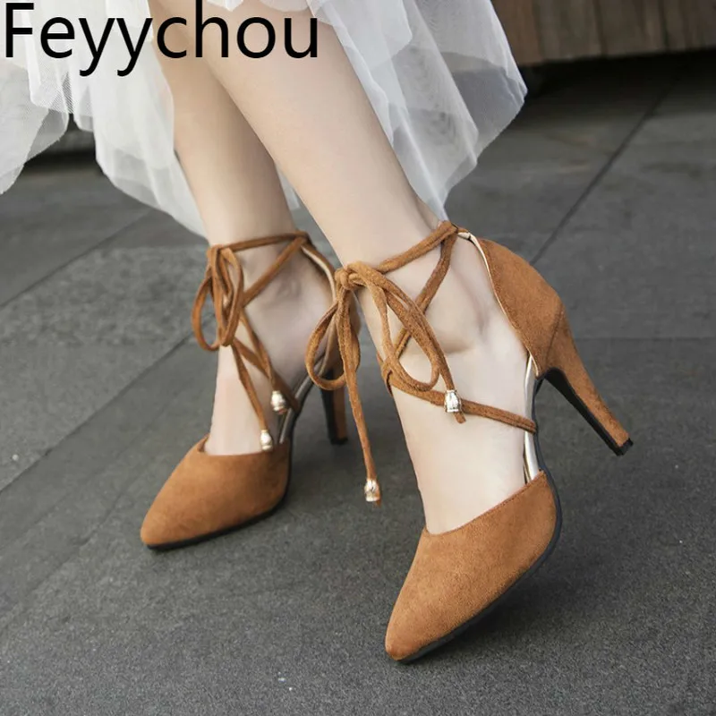 

Women's Pumps High Heels Spring Autumn Flock Pointed Toe Lace Up Thin Heel 2019 New Sexy Fashion Casual Yellow Big Size 34-44