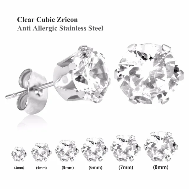 Clear Stud Earrings Brilliant Round Cut Cz Zircon Stainless Steel Clear Stud Earrings Brilliant Round Cut Cz Zircon Stainless Steel Surgical Earring Sizes 3mm