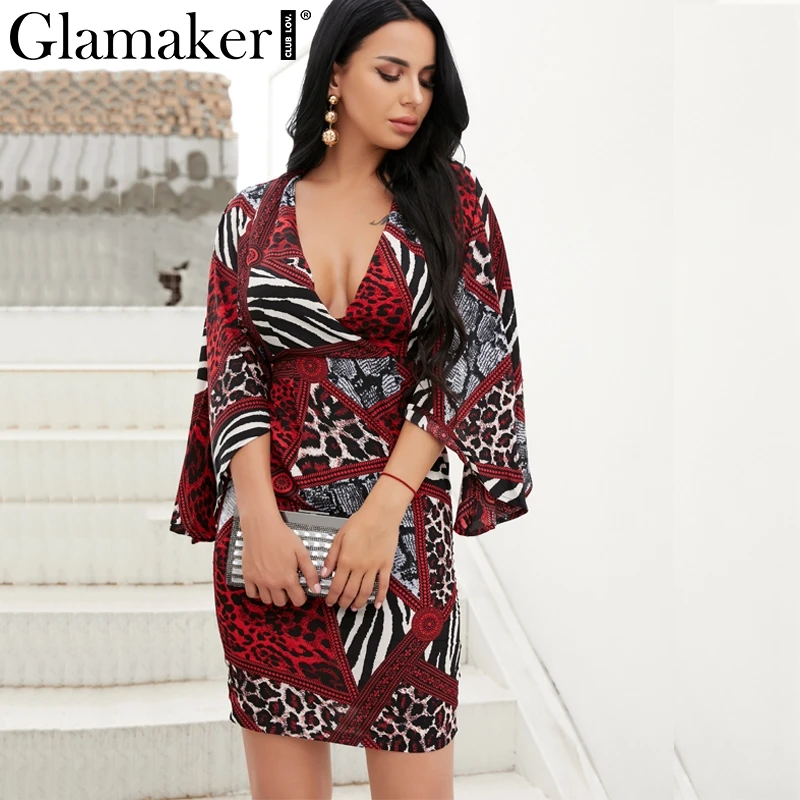 

Glamaker Animal print patchwork vintage midi dress Sexy women v neck casual elegant dress Summer dress spring vestidos