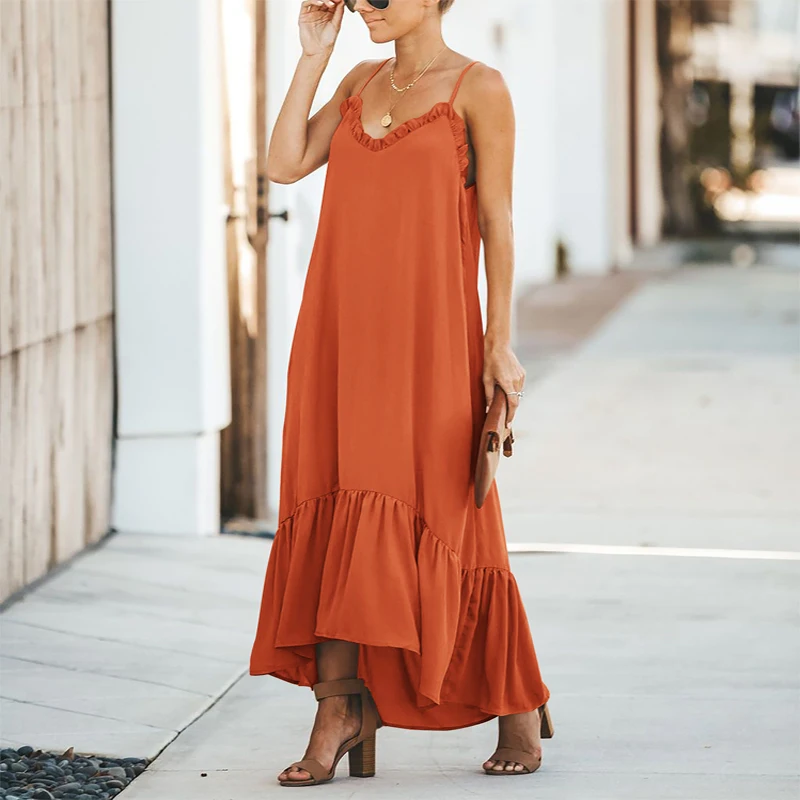 

Ruffle Patchwork Sleeveless Sexy Spaghetti Strap Slip Women Dress Summer Maxi Dresses Casual Elegant Beach Long Vestidos