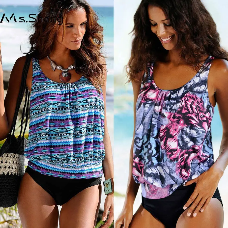 

Ms.Shang Retro Vintage Swimsuit Women Plus Size Swimwear 2018 Tankini Female Two Pieces Swim Suit Print Push Up Bathing Suit 3XL