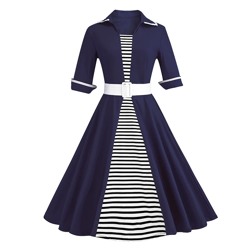 Kostlich Striped Women Autumn Dress 2017 Half Sleeve Audrey Hepburn 1950s Vintage Dress Belt Tunic Swing Party Dresses Plus Size (18)
