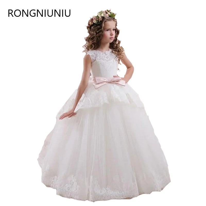 

Flower Girl Dresses For Weddings Elegant White Pink Lace Sheer Tulle V Back Vestidos De Comunion Casamento