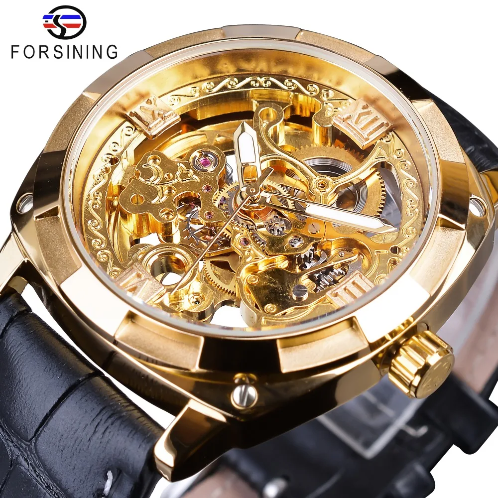 

Forsining Golden Skeleton Clock Male Mens Mechanical Wrist Watches Top Brand Luxury Black Genuine Leather Belt Luminous Hands