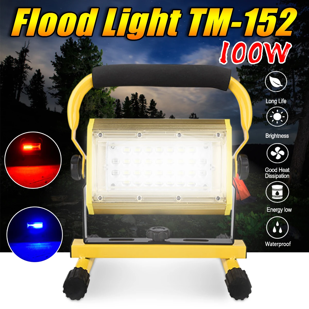 

2400lm 100W LED Portable COB Flood Light LED Flashlight Work Light Waterproof IP65 for Outdoor Camping