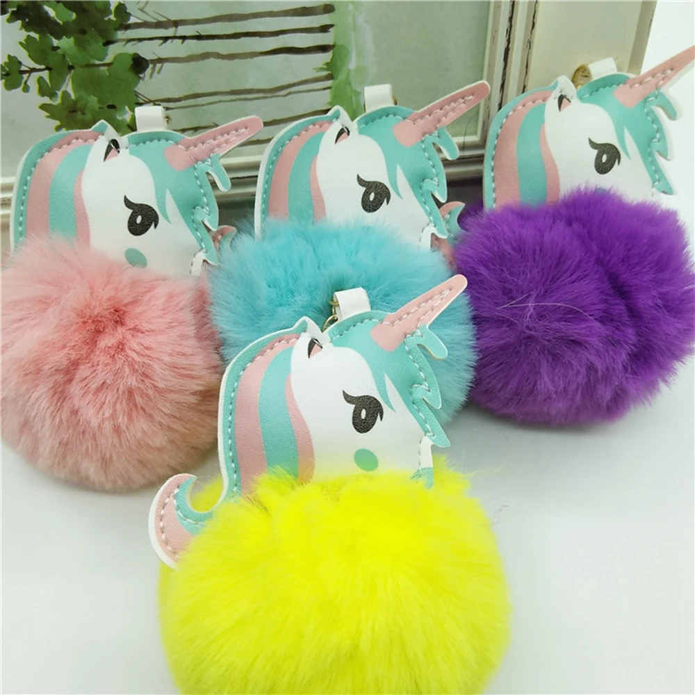 Unicorn Keychain Rabbit Fur Ball Horse Key Chain Porte Clef Bag Car Keyring Llavero Mujer Chaveiros Sleutelhanger Trinket