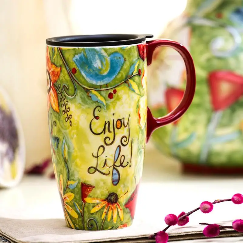 Креативная чашка кофе керамическая большая емкость с крышкой чай молоко кружка офисная вода Посуда для напитков американский стиль принт красивые кружки - Цвет: 3
