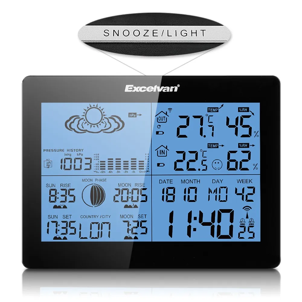 EXCELVAN Профессиональная беспроводная метеостанция с датчиком температуры и влажности, радиоуправляемые часы