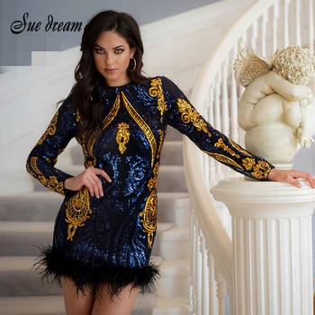 

2019 new dress women's fashion sequined feather design long-sleeved round neck Bodycon skinny mini dress