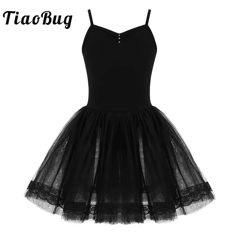 

TiaoBug Children Girls Spaghetti Straps Rhinestone Gymnastics Leotards Kids Mesh Tutu Ballet Dress Stage Lyrical Dance Costumes
